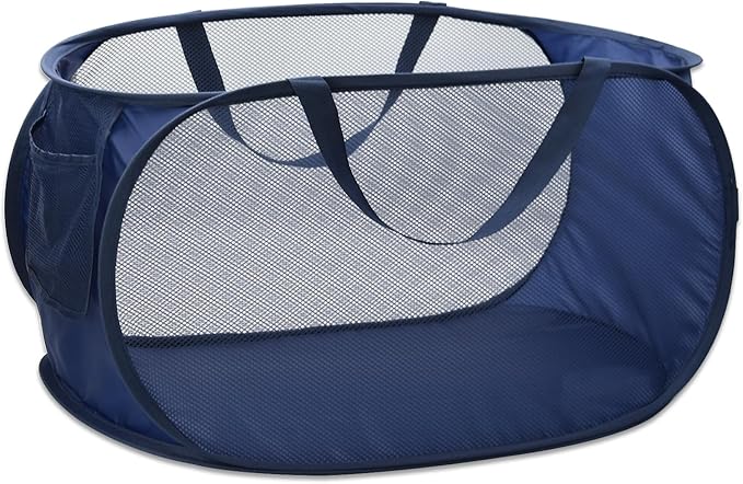 Pop Up Laundry Hamper,Collapsible Horizontal Baskets with Handles & Side Pocket,Foldable Sturdy mesh for Laundry Room,Bathroom,Kids Room,College Dorm or Travel (Navy)