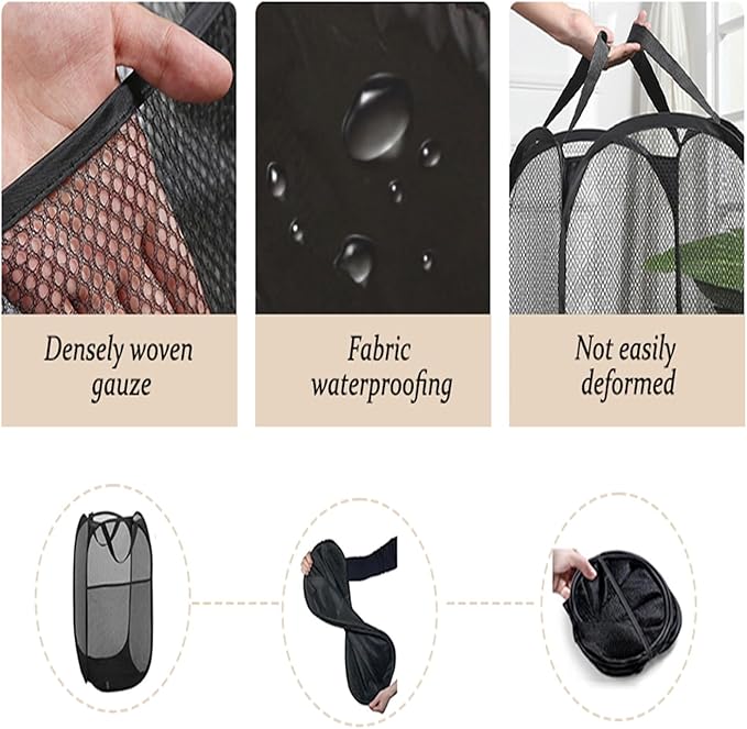 The upgraded pop-up laundry basket features a breathable side pocket mesh design, making it ideal for rooms, apartments, dormitories, travel, business trips, and children's storag(1, Black)