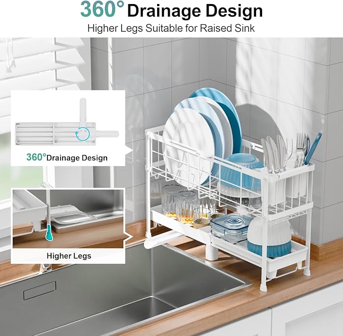 GSlife Narrow Dish Drying Rack - Expandable Small Dish Rack for Kitchen Counter, 2 Tier Adjustable Capacity (15.7''-20.7''L) Dish Drainer Rack with Removable Cutlery Holder, White