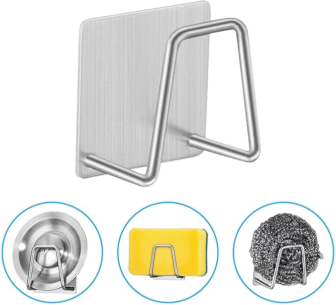 Rustproof Stainless Steel Sponge Holder for Kitchen Sink – small Sink Caddy Organizer with Rotating Drain Spout & High Brush Holder – No-Drip Kitchen Sink Organizer for Soap Dispenser.