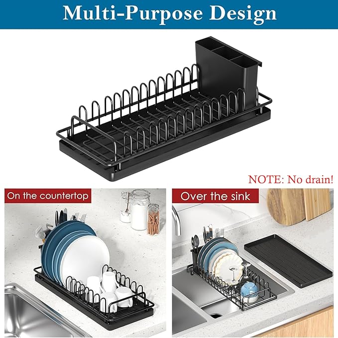 Compact Small Dish Rack Sink Drying Rack with Silicone Mat, Stainless Steel Dish Drainer for Kitchen Cabinet, Kitchen Sink Rack,Dish Holder, Black