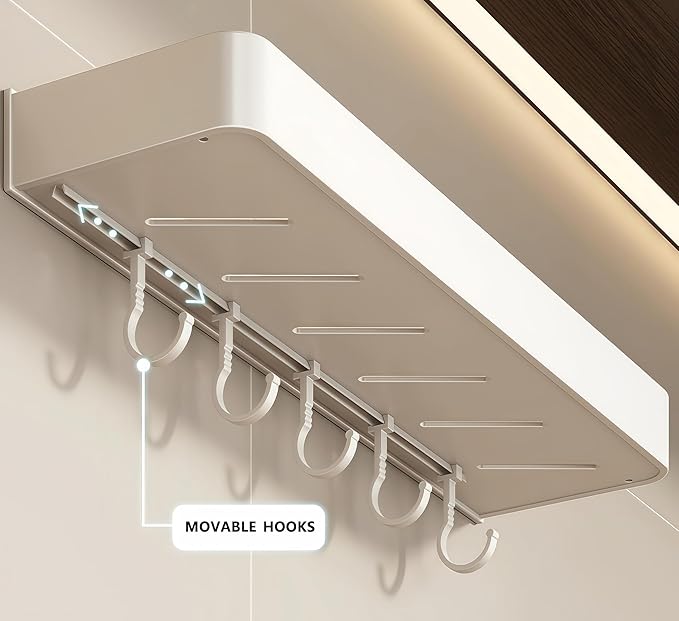 SEIDO Space-Saving Kitchen Utensil Holder | No-Drill Shelf Organizer | Wall Mount Spice Rack with Hooks | Space Aluminum | 16 Inch Long | White