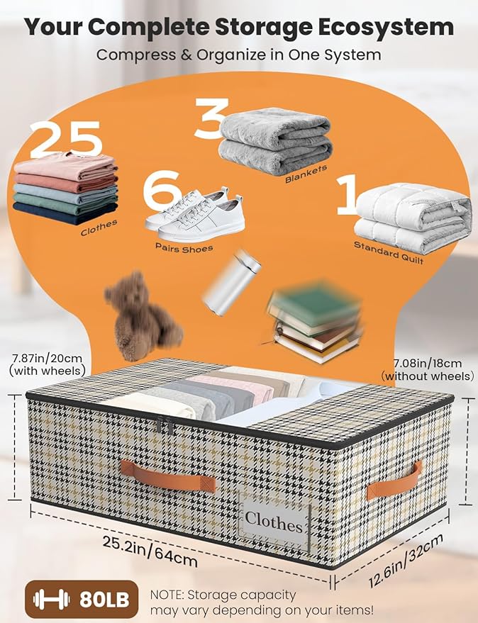 TOSKING 2-Pack Under Bed Storage with Wheels and 4 Vacuum Seal Bags, 7.9 Inch 47L Clear Lid Organizer, Space Saving for Bedding Blankets Clothes ShoesToys, Quick Assembly,Houndstooth