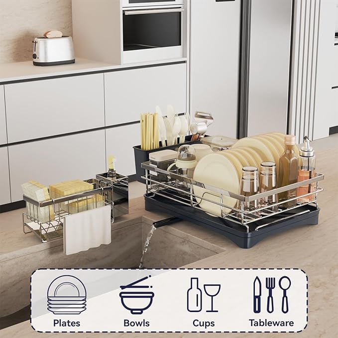 Dish Drying Rack, 304 Stainless Steel Dish Racks for Kitchen Counter with Cutlery Holder & Sponge Holder, Large Dish Drainer with Removable Drainboard, 11.8''W x 16.7''L (Stainless Steel)