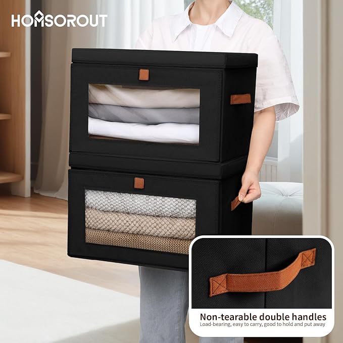 Collapsible Storage Bins - Large Stackable Organizer Bins, Decorative Boxes with Handles & Window, Fabric Containers for Living Room, Closet, Dorm, 6 Pack, Black