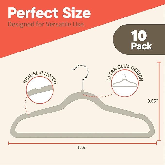 Ivory Velvet Hangers 10 Pack – 360° Swivel Hook, Non-Slip and Space Saving Hangers, Heavy-Duty 11 lbs Weight Capacity - Smooth Velvet Finish for Crease-Free Clothes and Effortless Closet Organization