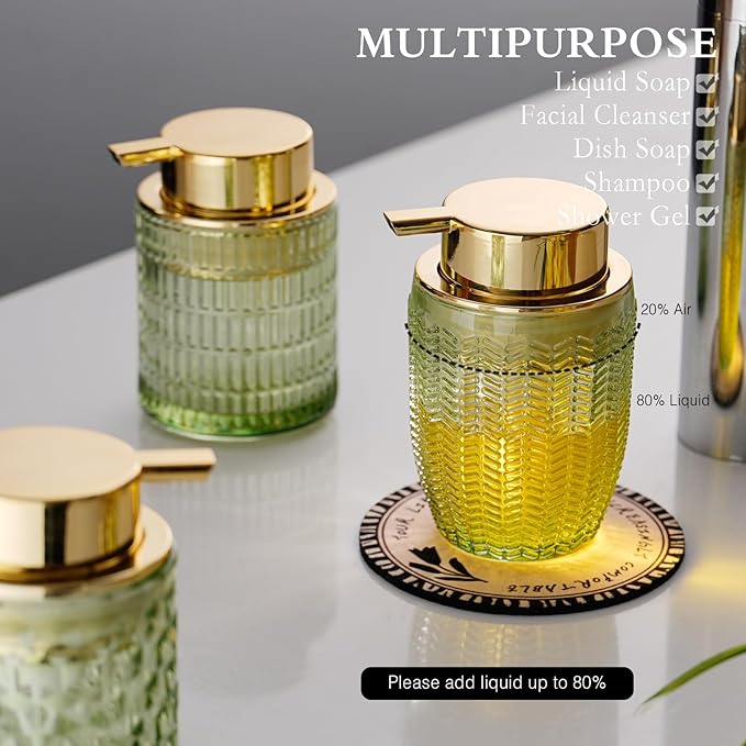 Foaming Hand Soap & Lotion Dispenser, Refillable Glass with Large Gold Pump(Barrel Pattern-Green)