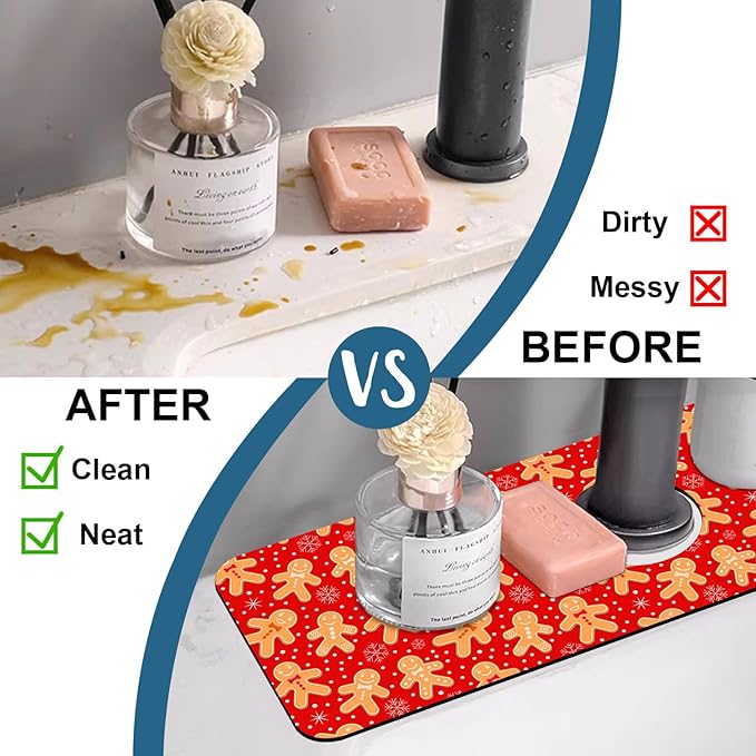 Christmas Merry Xmas Kitchen Sink Splash Guard Faucet Mat Santa Claus Super Absorbent Fast Drying Mat Sink Splash Guard Behind Faucet for Kitchen Bathroom, 15.5"x5.5"