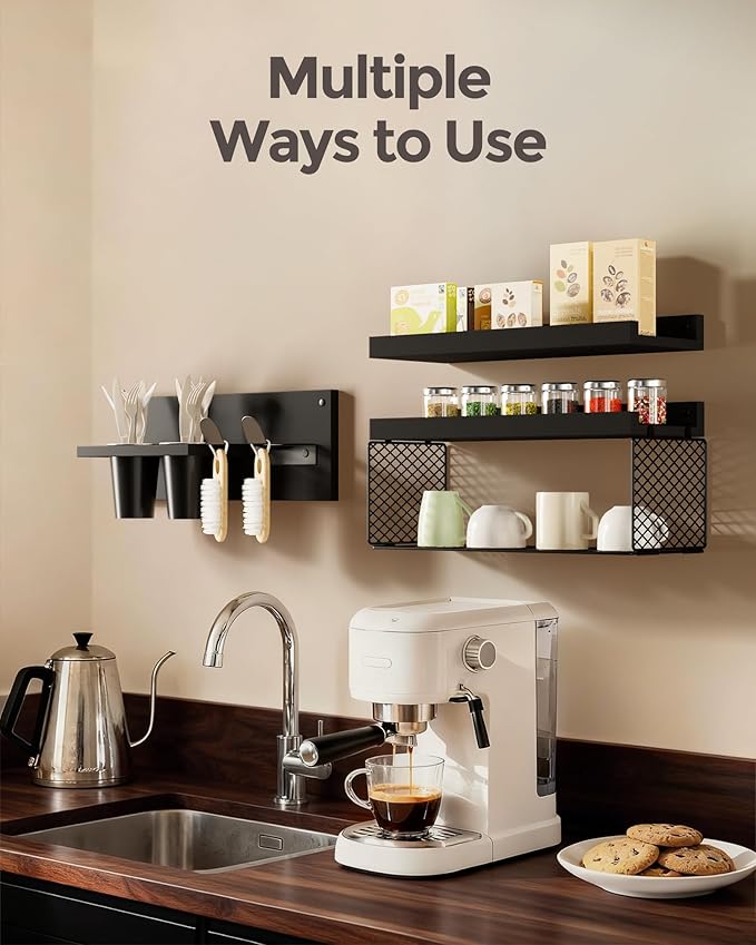 Puricon Floating Bathroom Shelves with Hair Dryer Holder, 3-Tier Rustic Wood Wall Mounted Organizers Set, Space Saving Over-Toilet Storage and Home Decor Hanging Rack -Black
