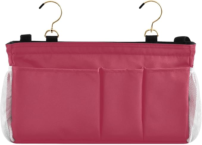 KOPIRIT Strawberry Red Bedside Caddy Storage Bag Bedside Organizer for College Dorm Top Bunk Bed Organizer Caddy Hanging Shelf 6 Pockets with Hooks for Glasses Book Tablet Holder
