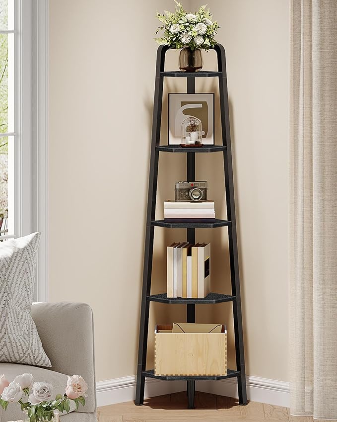 Corner Shelf, 5-Tier Ladder Corner Shelf, Ladder Bookshelf, 59.6" Tall Vertical Display Stand, Metal Frame Bookshelf, for Living Room, Bedroom, Kitchen, Black TCJ20BB