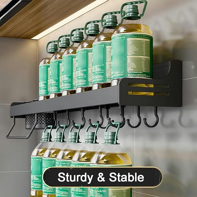 Wall Mounted Spice Rack, Spice Shelf, Spice Rack Organiser, Kitchen Wall Shelf Organiser with Movable Hooks Utensil Rack, Towel Holder, Knife Holder, 40 cm, Black