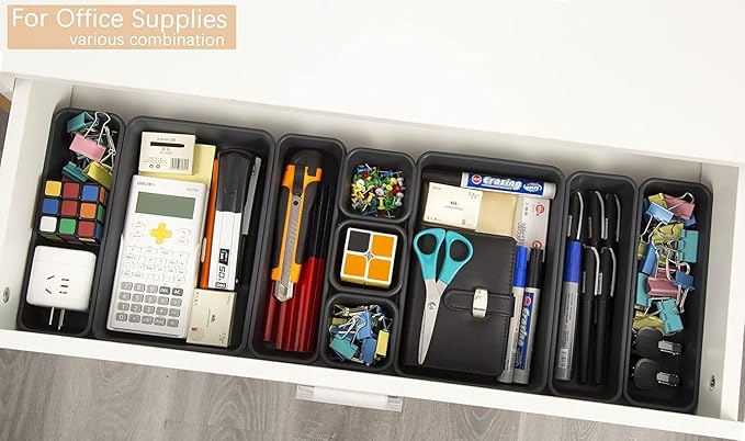 44 PCS Interlocking Drawer Organizer Set,4-Size Plastic Versatile Bathroom and Desk Drawer Divider Organizer Trays,Multi-size Storage Bins for Office,Jewelries, Kitchen Utensils and Makeup