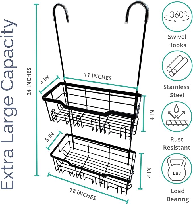 Black Shower Caddy Hanging - Rust-Proof 304 Stainless Steel Shower Caddy with Rotatable Hooks and Adhesives - Ideal for Bathroom Essentials - Convenient for Bathroom Toiletries