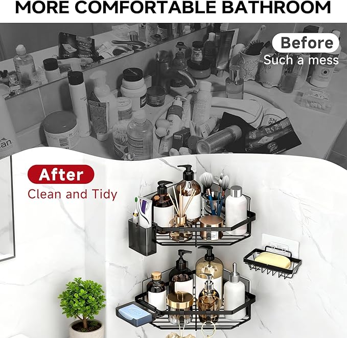 Corner Shower Caddy, 5-Pack Adhesive Shower Corner Organizer Shelves, No Drilling Stainless Steel Shower Storage Rack with Soap&Toothpaste Holder for Bathroom, Dorm and Kitchen (black)