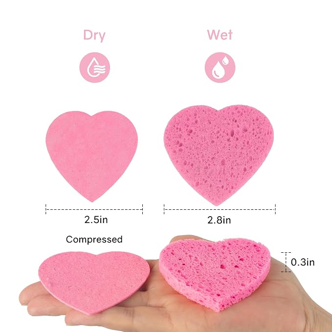 50-Count Heart Shape Compressed Facial Sponges,100% Natural Cellulose Face Sponge Spa Sponges for Removing Dead Skin, Dirt and Makeup(Pink)