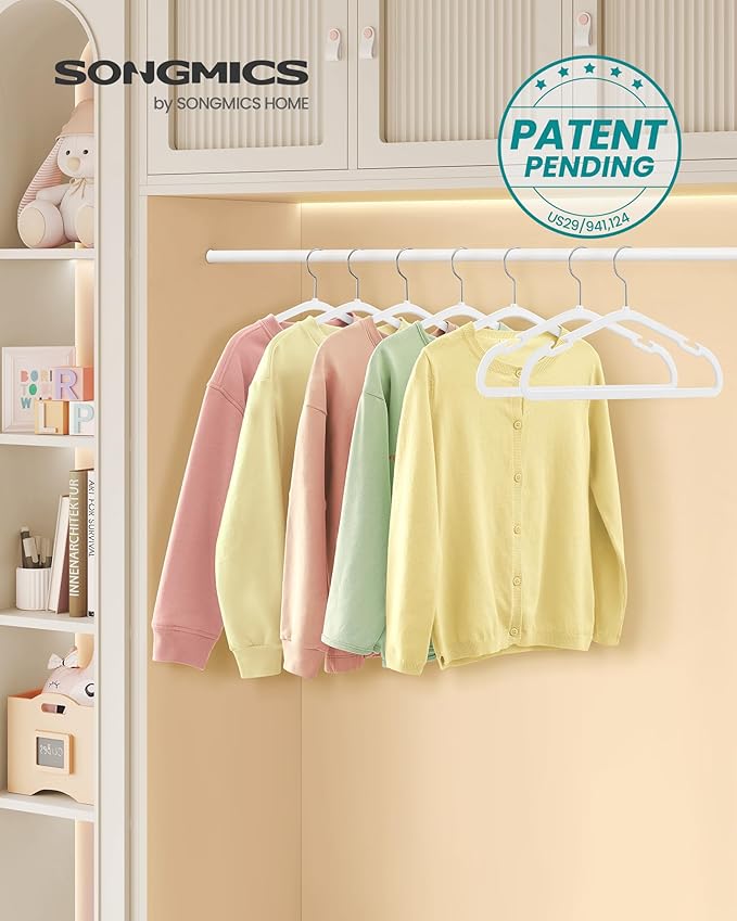 SONGMICS Kids Hangers 50 Pack, 14 x 8 Inches, Non-Slip Velvet Baby Hangers for Closet, Space-Saving, Wide Shoulder Notches, Cloud White UCRF038W01