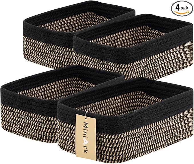 Small Storage Baskets for Organizing | Closet Organizer Bins | Shelf Toy Basket | Woven Rope Baskets | Cube Decorative Box | Shallow Basket | 11.5x7.5x4.7” | 4 Packs Black Brown