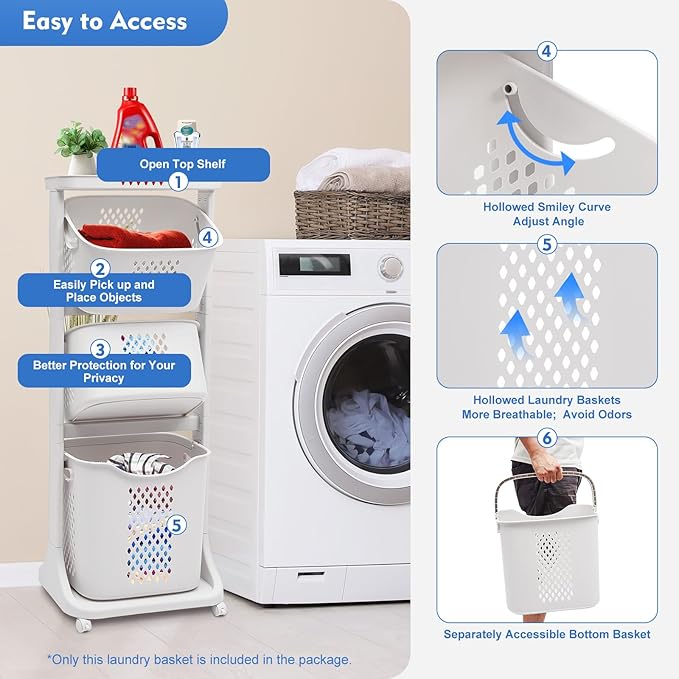 3 Tier Laundry Basket, Bathroom Laundry Basket Multi-layer Clothes Storage Basket 3 Tier Rolling Laundry Hamper with Wheels Freestanding Clothes Basket Organizer for Bathroom Living Room Bedroom