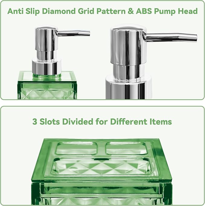 2PCS Green Bathroom Accessories. Contain Soap Dispenser and Toothbrush Holder Set. Boho Bathroom Set for Blue Bathroom Décor