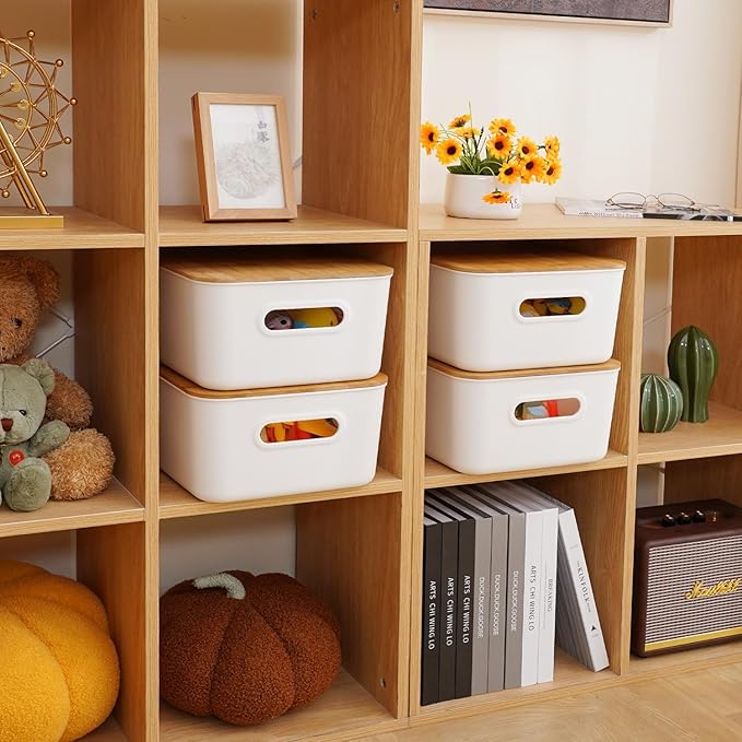Citylife 2 PCS Storage Bins with Bamboo Lids Plastic Storage Containers for Organizing Stackable Storage Box with Handle, 15.12 x 10.67 x 5.98 inch
