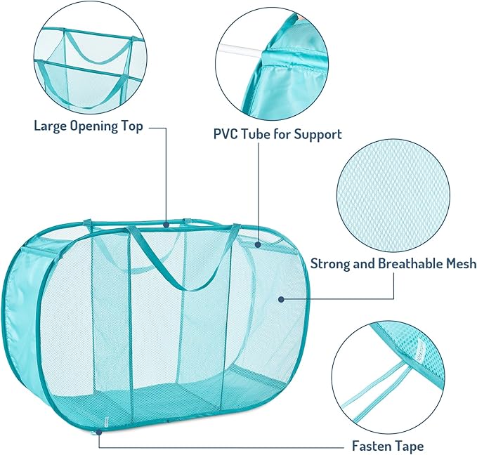 Mesh Popup Laundry Hamper 3 Compartment Sortable Horizontal Collapsible Laundry Basket for Clothes Laundry Room Bedroom Toys Travel (Turquoise Blue)