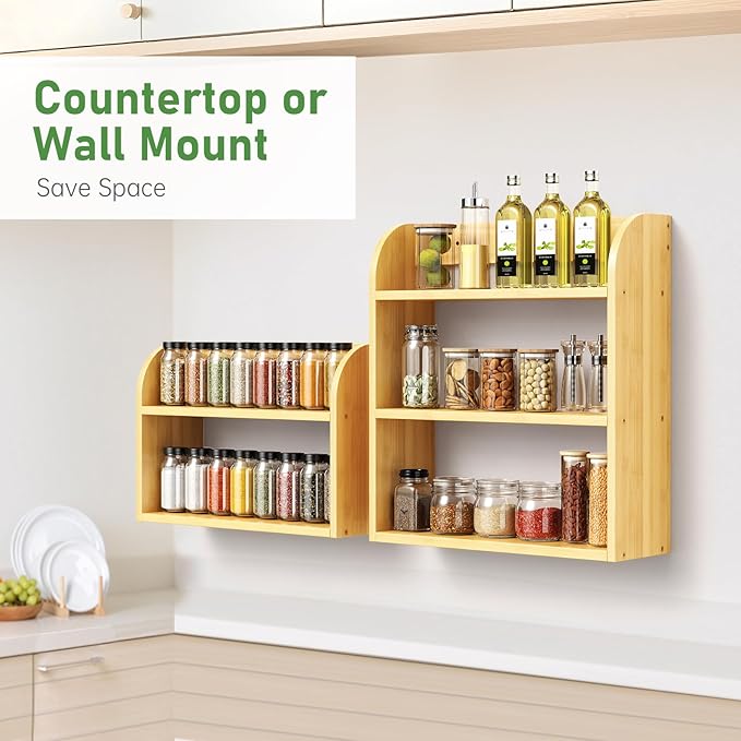 2 Tier Bamboo Spice Rack, Countertop or Wall Mounting Wood Spice Jars Organizer Shelf for Kitche, Pantry (Natural)