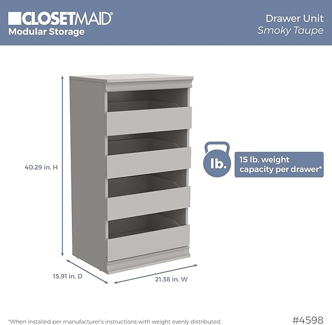 ClosetMaid Modular Storage 21.38-inch W 3-Shelf 4-Drawer Tower Wood Closet System, Smoky Taupe