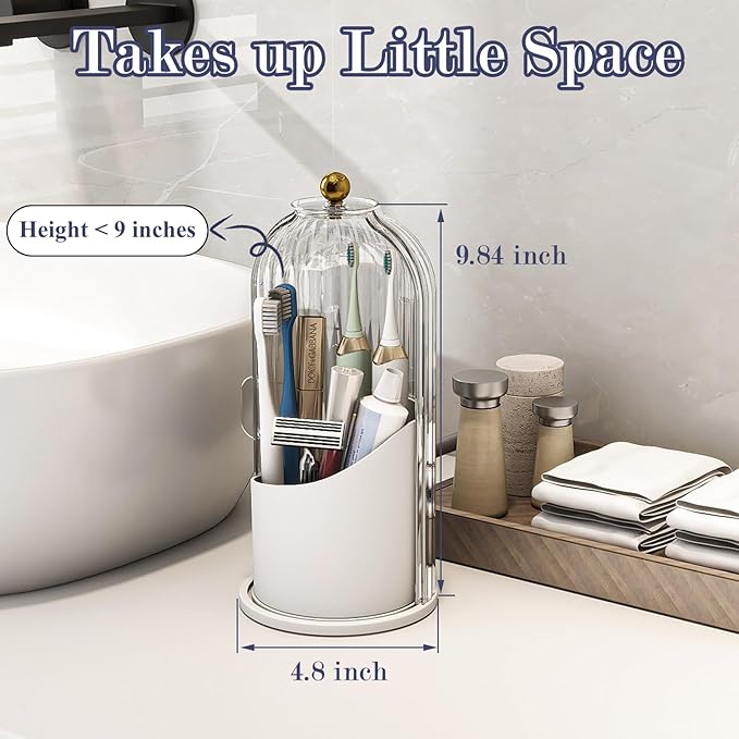 Zufudo Dustproof Toothbrush Holders with Cover, Rotating Electric Toothbrush and Toothpaste Holder for Bathroom Countertop, 3 Slots Makeup Brushes Organizer, Transparent