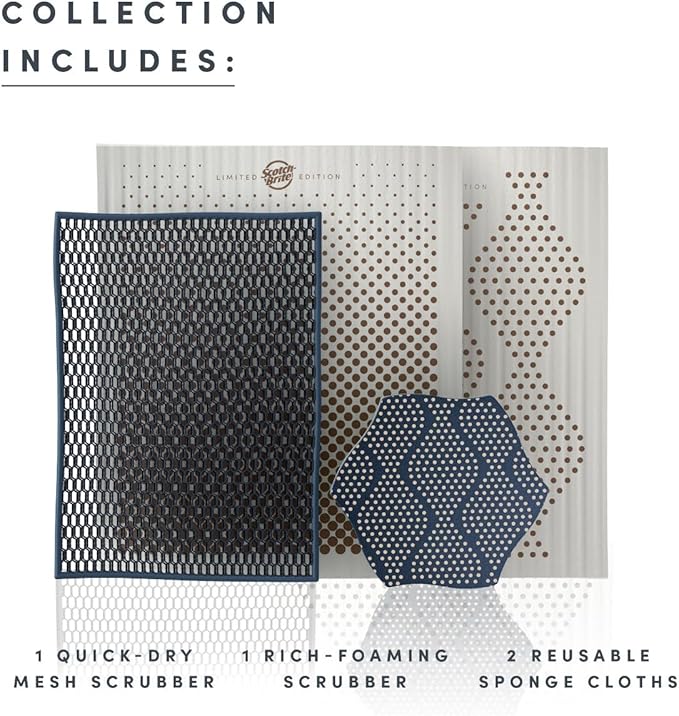 Brite by Scotch-Brite Limited Edition 4-Piece Scrub and Wipe Collection with 1 Rich-Foaming Dish Scrubber, 1 Quick-Dry Mesh Scrubber, and 2 Reusable Sponge Cloths