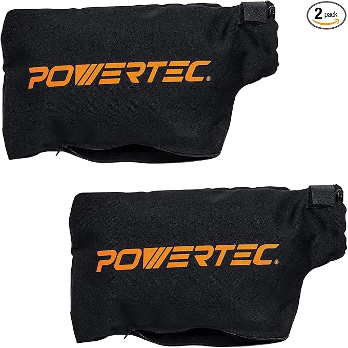 POWERTEC Miter Saw Dust Collector Bag for 10", 12" Miter Saw, Fits Nominal 2-1/2" Dust Ports, Hook and Loop Dust Bag w/Zipper and Wired Adjustable Stand for Belt Sander, 2PK (75075-P2)