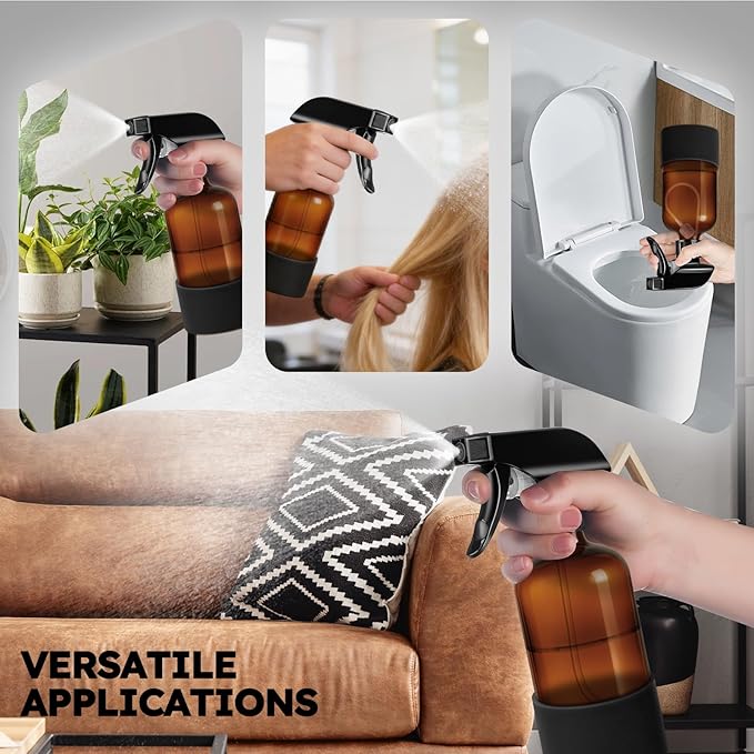 Tecohouse 2 Pack 360° Amber Glass Spray Bottles with Silicone Sleeve, 16 oz Empty Refillable Containers with Adjustable Spray Nozzles, Dark Spray Bottles for Cleaning Solutions, Plants (Black & Brown)