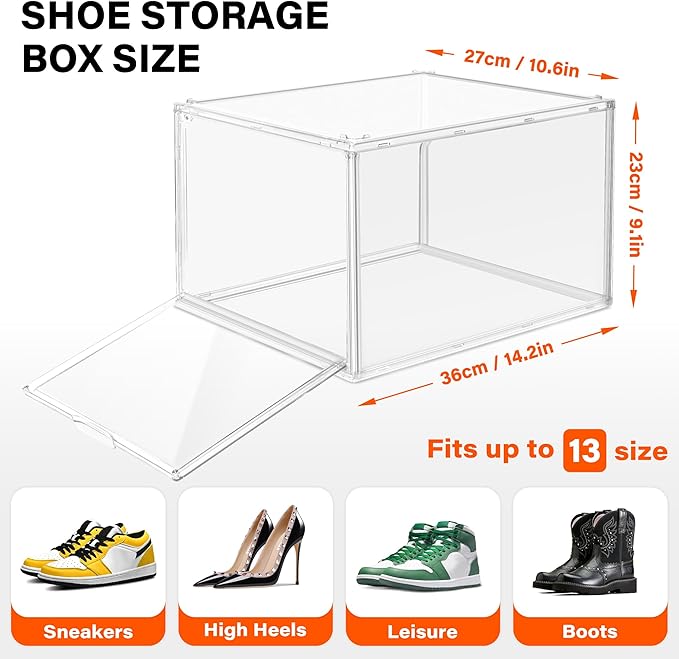 EDS FAM 12 Pack Acrylic Shoe Organizer, Drop Front Shoe Boxes Fit US Size 13, Clear Stackable Hat Organizer Case for Closet, Entryway, Underbed, Multiple Display Cases for Hats, Figures, Sneakers