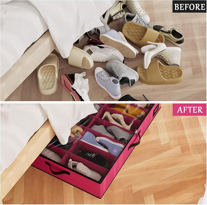 homyfort Under Bed Shoe Storage Organizer, 600D Material Underbed Shoes Storage Containers, set of 2, fits up to 32 Pairs of Shoes (Pink)