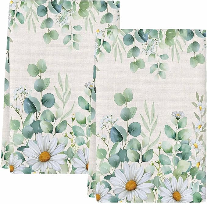 Kitchen Towels Set of 2, Green Eucalyptus Leaves Soft Microfiber Dish Towels, Daisy Summer Botanical Watercolor Absorbent Washable Dishcloths for Kitchen Cleaning, Drying Dishes, 18x28 Inches