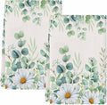 Kitchen Towels Set of 2, Green Eucalyptus Leaves Soft Microfiber Dish Towels, Daisy Summer Botanical Watercolor Absorbent Washable Dishcloths for Kitchen Cleaning, Drying Dishes, 18x28 Inches
