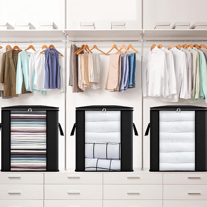Fixwal Blanket Storage Bags with Zipper Large Storage Bins with Lids 120L 2 Pack Comforter Storage Bags with Reinforced Handles Clothes Storage Containers for King Comforter Bedding Pillow Sheet Black