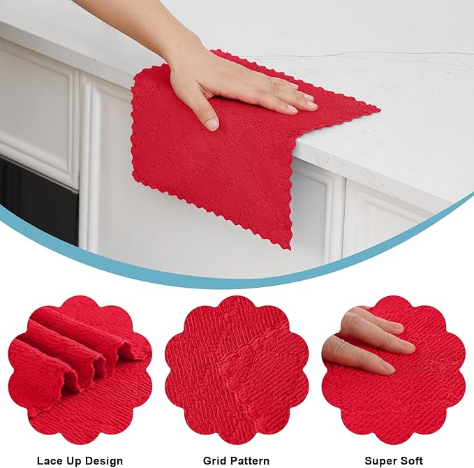Homaxy 24 Pack Kitchen Dish Cloths (10 x 10 Inches, Red), Super Soft and Absorbent Coral Velvet Dish Towels, Nonstick Oil Fast Drying Microfiber Cleaning Cloth, No Lint Household Dishcloths