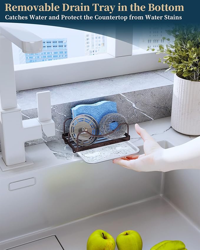 Consumest Kitchen Sink Organizer - Movable Sink Caddy for Countertop Organizer, 304 Stainless Steel Sponge Holder with Detachable Drip Tray for Kitchen Accessories,Bronze