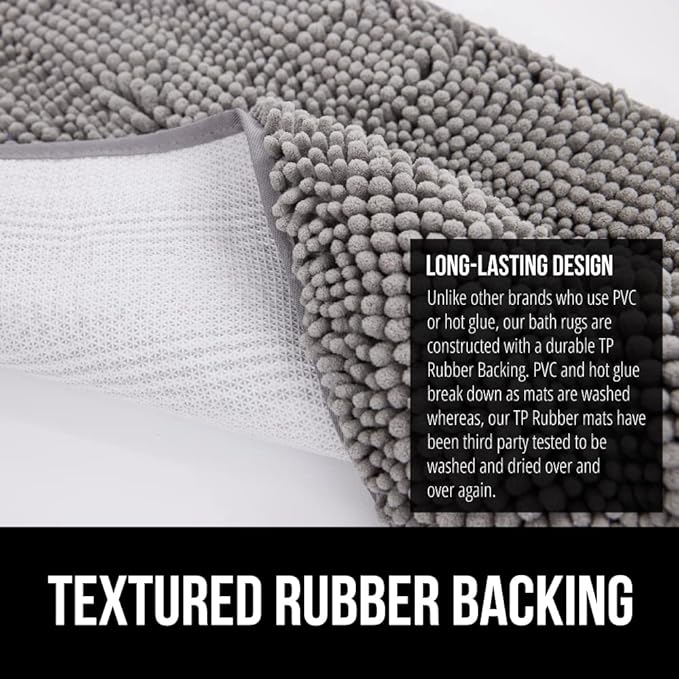 GORILLA GRIP Bath Rug Mat 60x24, Thick Soft Absorbent Chenille, Quick Dry Microfiber Mats, Rubber Backing Washable Shower Floor Rugs, Bathmat Runner, US Designed Bathroom Home Decor Accessories Grey