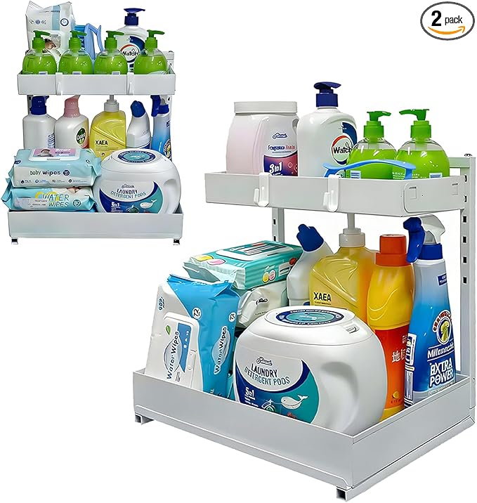 Under Sink Organizer, Bathroom Counter Organizer, 2 Packs 2-Tier Metal, Under Cabinet Storage, Makeup Storage, Adjustable Height & Slide-Out Drawer for Kitchen Bathroom Dorm Shop Office, White