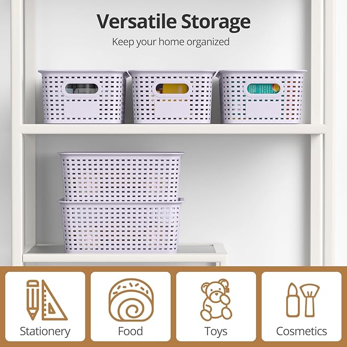 Plastic Storage Basket with Lid, Stackable Small Box Bins for Organizing and Containers for Shelves Drawers Desktop Closet Playroom Pantry Classroom Office Home, 8 Pack 10.2"x7.2"x4.1" Lavender