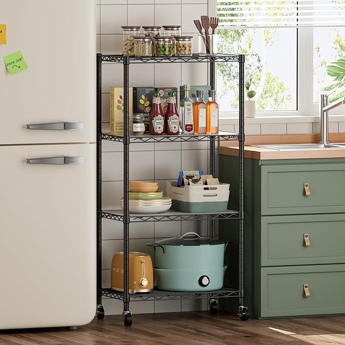 SINGAYE 4 Shelf Storage Wire Shelves Closet Bathroom Organizers Metal Pantry Kitchen Garage Shelving Unit Laundry Room Organization Home Narrow Rack Net Basket with Wheels White