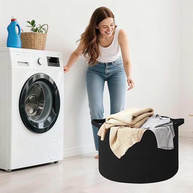 115L Large Blanket Basket,23.6" L x 23.6" W x 15.7" H Rope Woven Baskets with Handles, Toys Storage Bins,Laundry Basket Perfect for Living Room, Nursery,Bedroom,Home Organization,Black