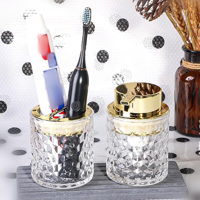 Clear Bathroom Accessories Set, 2pcs Glass Bathroom Accessory Set with Foam Soap Dispenser and Toothbrush Holder, Gold Foaming Soap Dispenser and Tooth Brush Holder for Brushes, Toothpaste