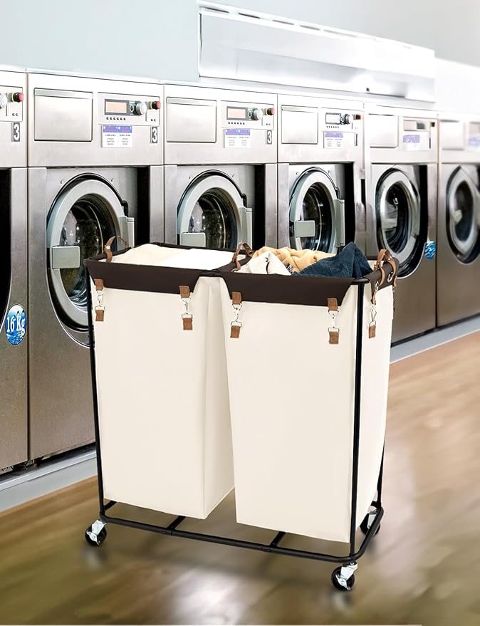 StorageWorks 390L Extra Large Laundry Hamper with Wheels, Laundry Basket with Wheels 2 Sections, Clothes Sorter Cart with Divider for Hotel, Home, Beige, 1-Pack