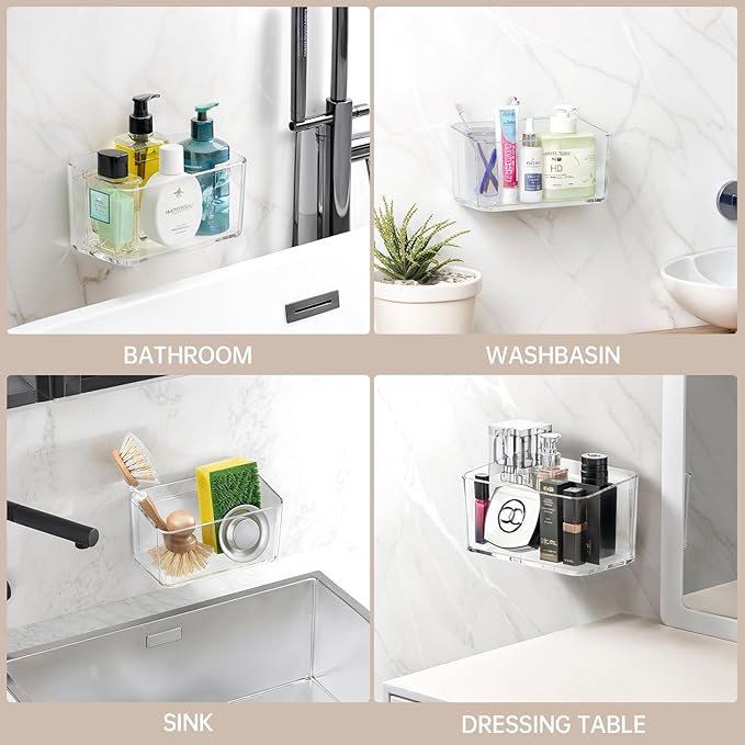 PAVSTINE 2 Pack Clear Shower Shelf, Adhesive Bathroom Shower Shelves, Wall Mounted Bathroom Shower Organizer, No Drill Shower Shelves with Self Adhesive Tape, Transparent