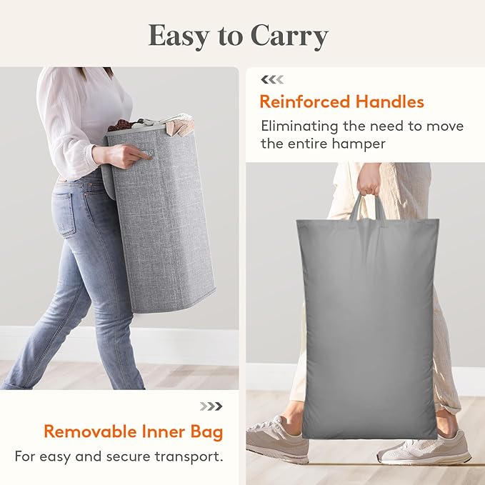 Lifewit 65L Slim Laundry Basket with Lid, Laundry Hamper with Plastic Handles and Removable Bag, Foldable Tall Dirty Clothes Hampers for Laundry for Laundry Room, Bedroom, Bathroom, Dorm, Light Gray