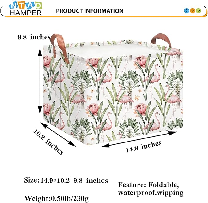 Rectangular Storage Basket Empty,Storage Bin with Handles,Room Decor,Gift Basket,Book Box(Watercolor Flamingo)