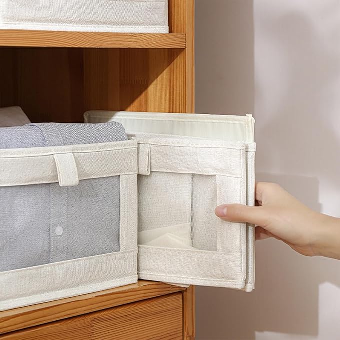 Linen Closet Organizers And Storage, 4 Pack Storage Bins Baskets for Organization Foldable Organizer with Clear Window Organizing Clothing, Jeans, Shelves